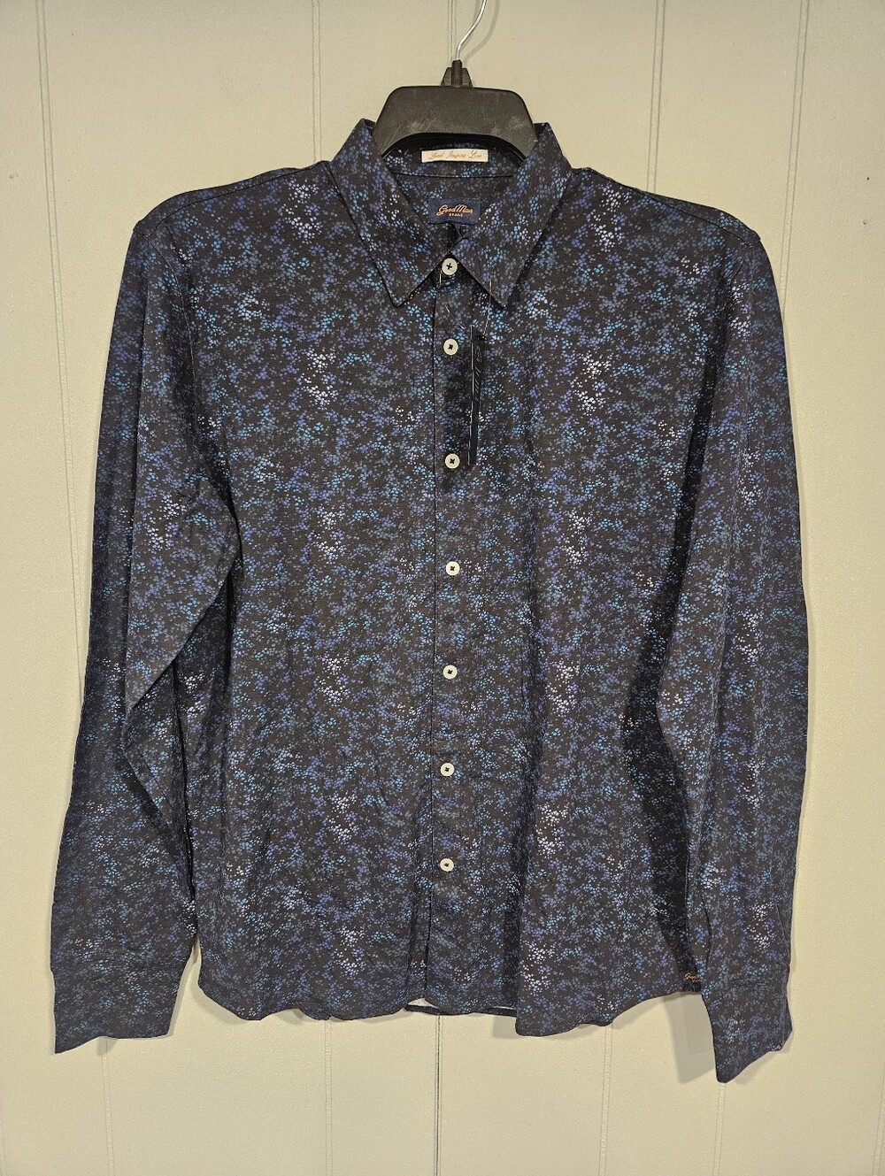 Good Man Brand Mens Button Down Shirt Medium Blue Black Spatter Long Sleeve NWT